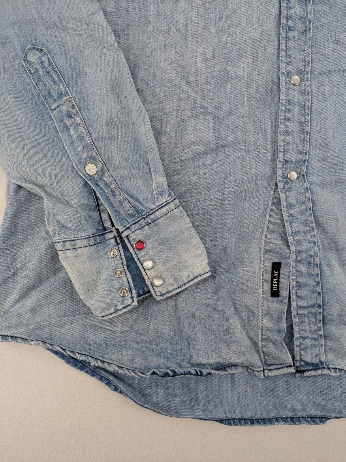 Replay denim western shirt light blue with pearl snap buttons and iconic yoke design.