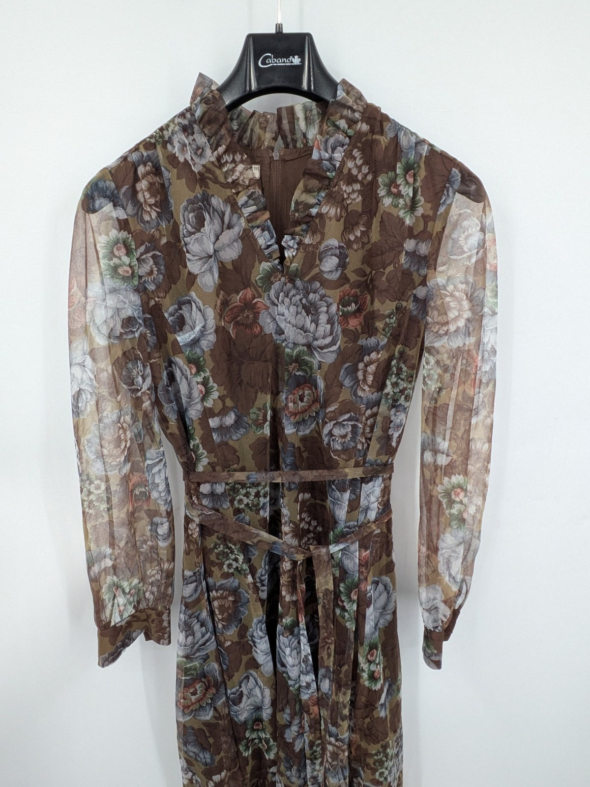 Braun vintage floral midi dress multi-colour chiffon long sleeves ruffled collar with belt