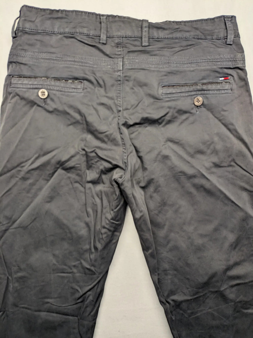 Tommy Hilfiger grey chino pants flat front straight leg subtle logo detail