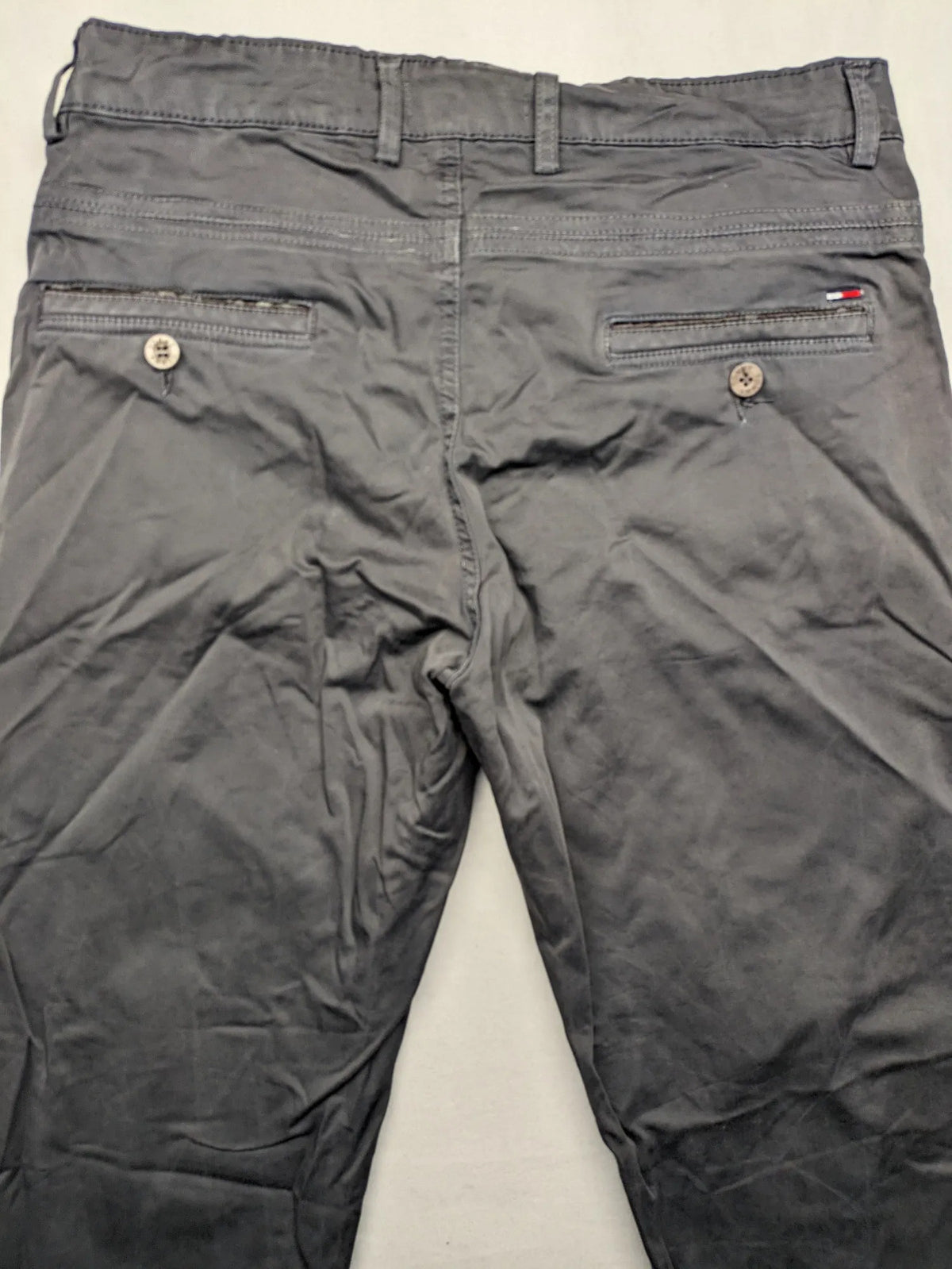 Tommy Hilfiger grey chino pants flat front straight leg subtle logo detail