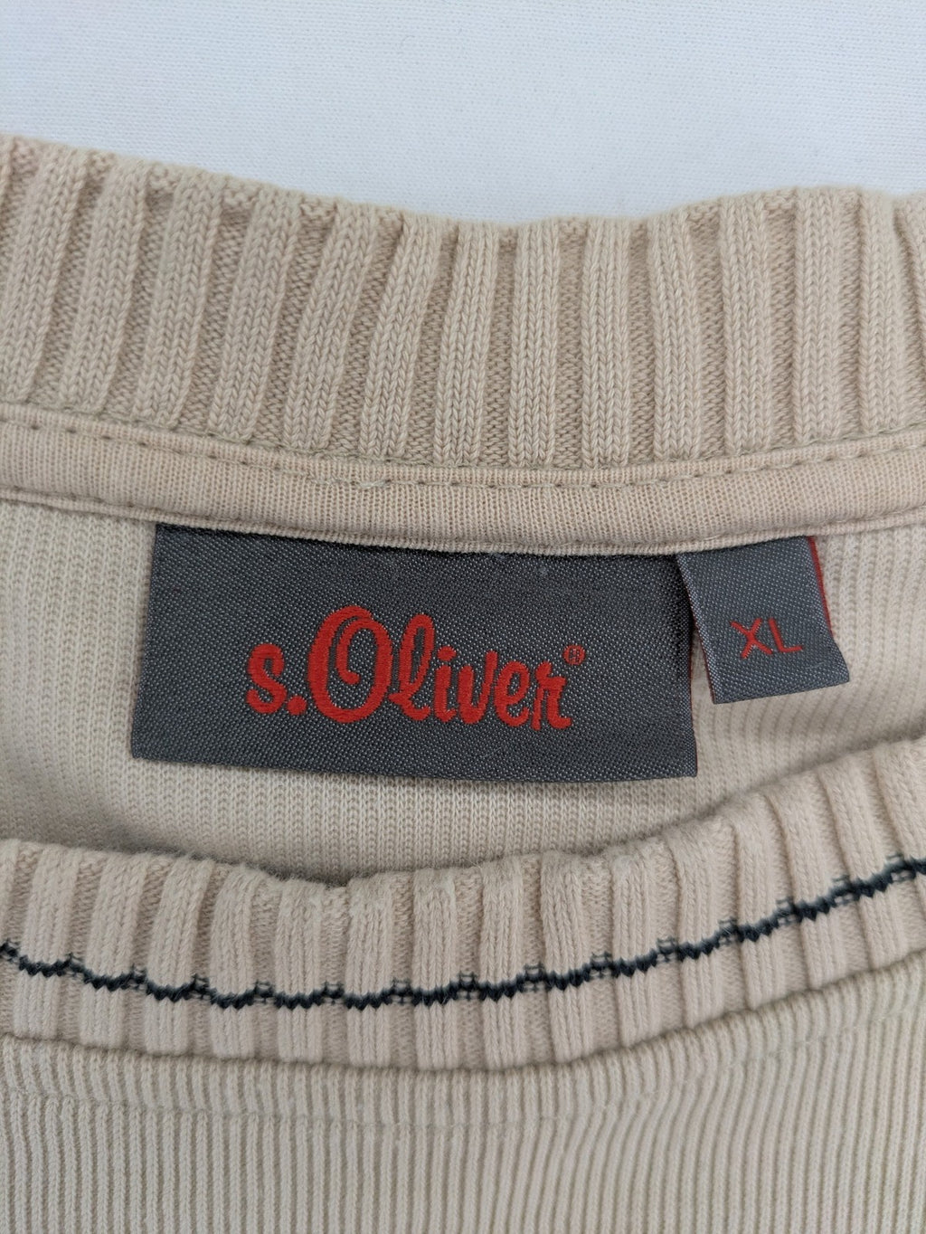 s.Oliver beige turtle neck jumper with ribbed texture and embroidered logo on chest