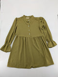 Buqre Store khaki A-line dress with puff sleeves, ruffled cuffs, and button placket.