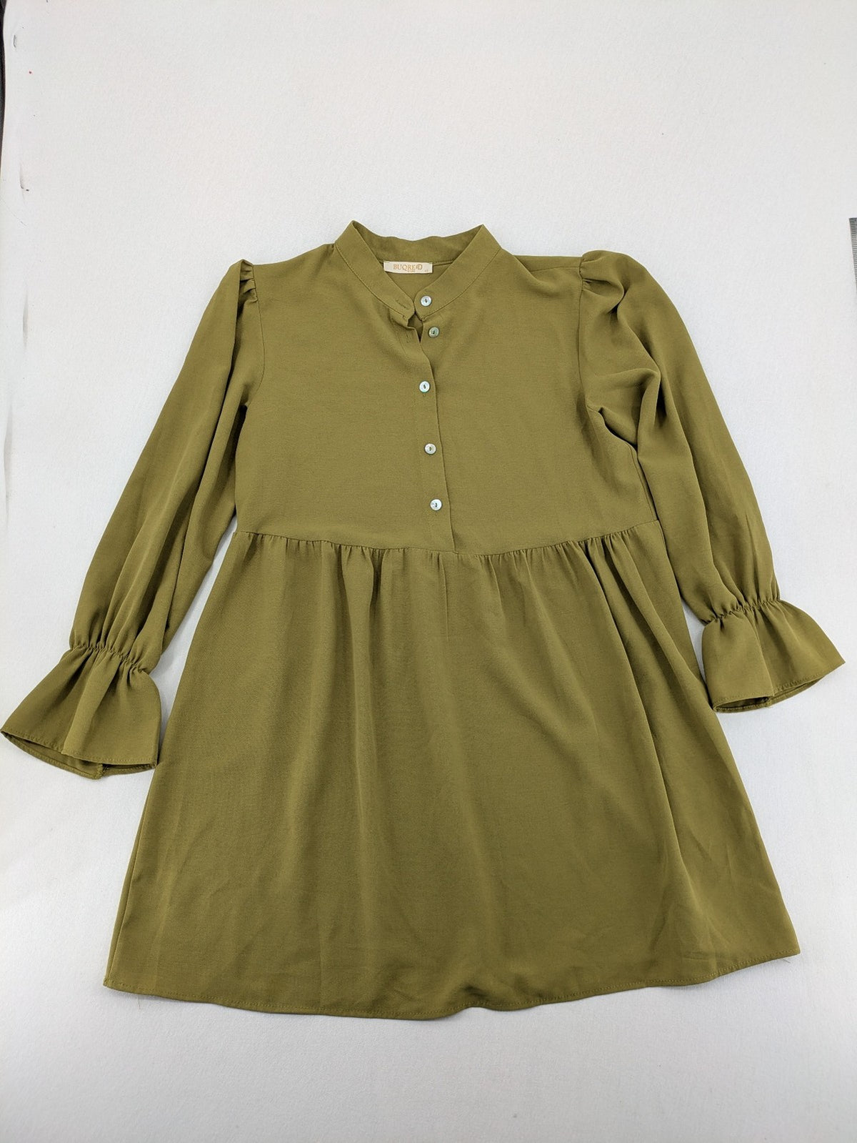 Buqre Store khaki A-line dress with puff sleeves, ruffled cuffs, and button placket.