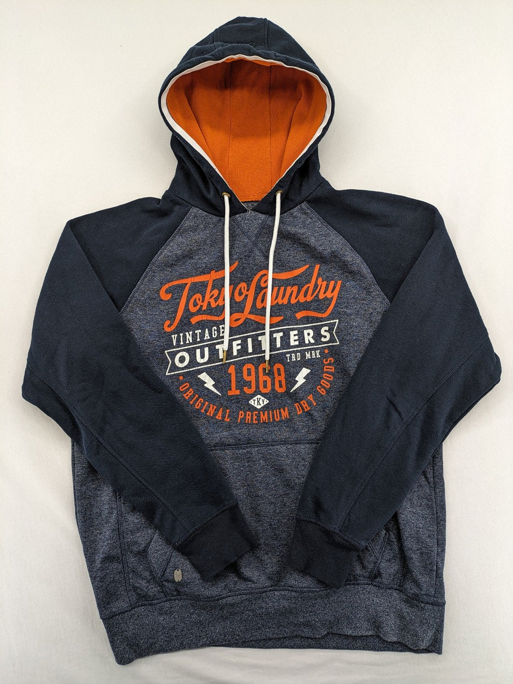Tokyo Laundry orange zip-through hoodie with vintage graphic print and contrasting hood lining.