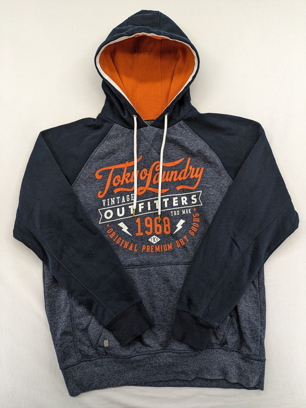 Tokyo Laundry orange zip-through hoodie with vintage graphic print and contrasting hood lining.