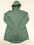 Frilufts green softshell jacket with hood, longline design, durable zipper, practical zip pockets.