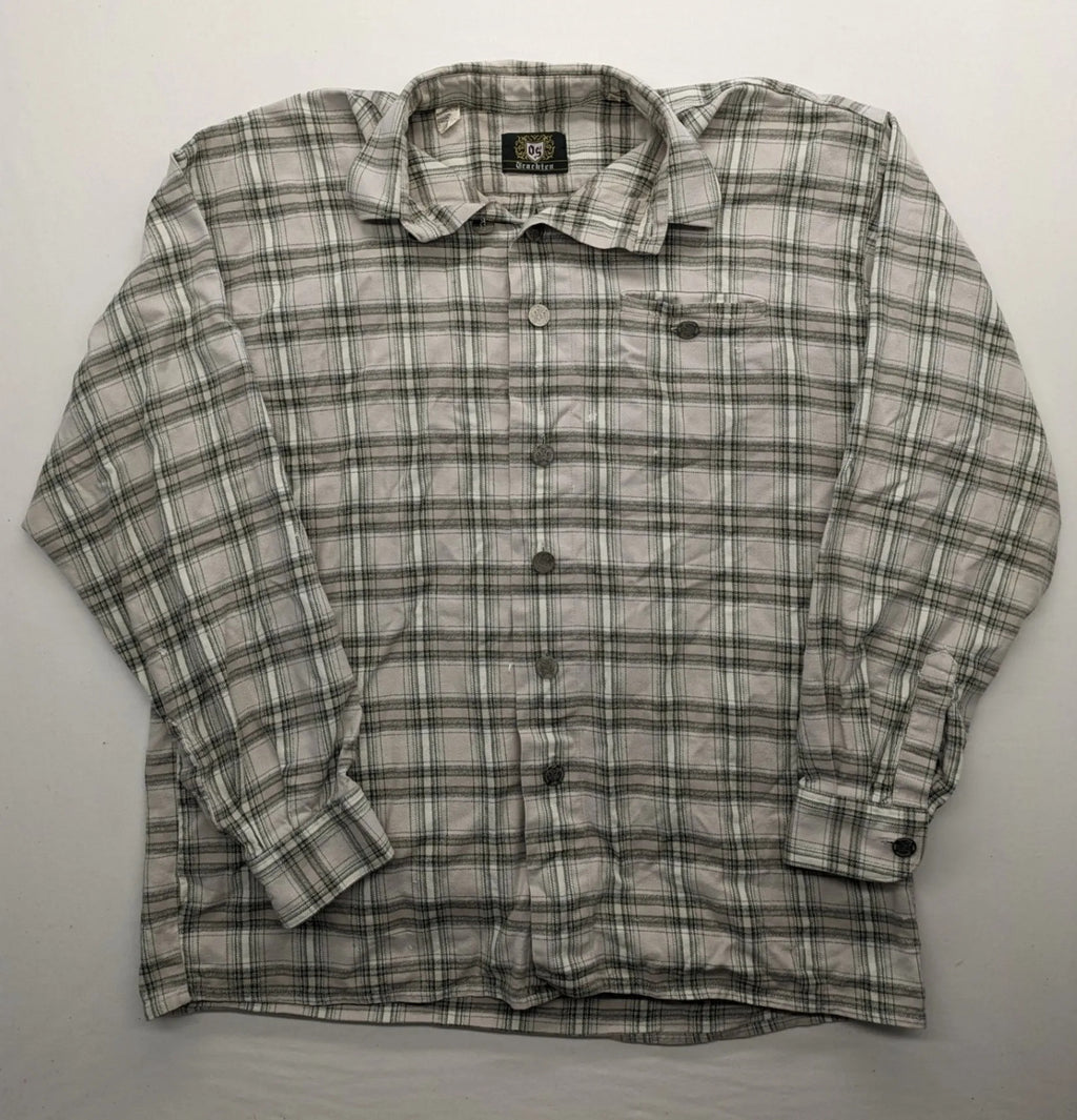 OS Trachten beige green checkered long sleeve shirt with button-up front and chest pocket.