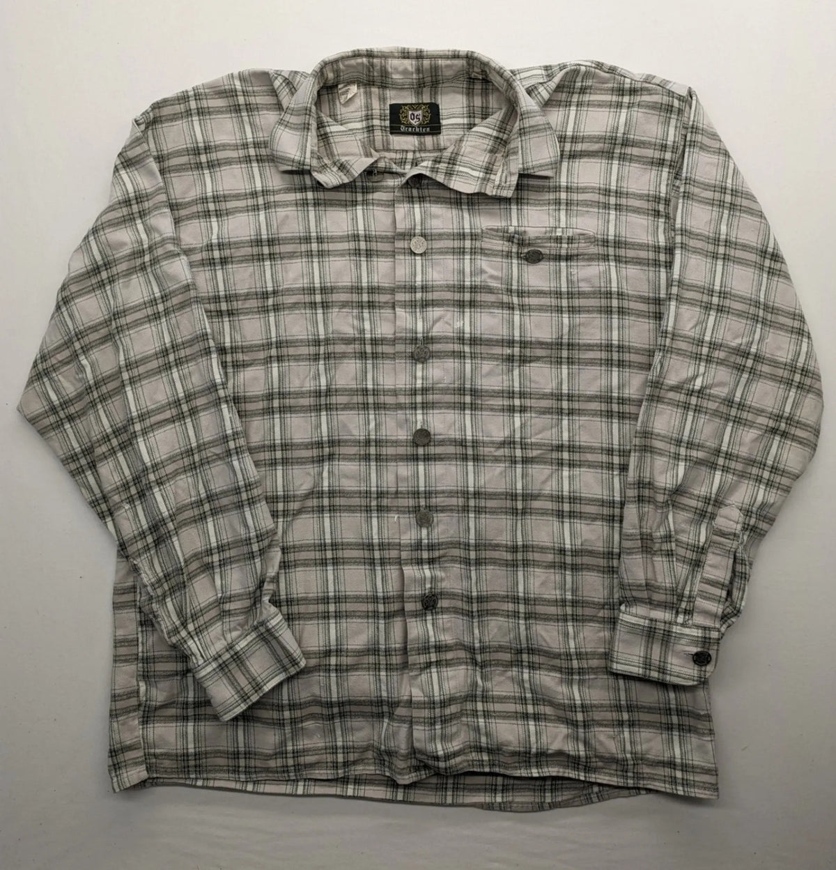 OS Trachten beige green checkered long sleeve shirt with button-up front and chest pocket.