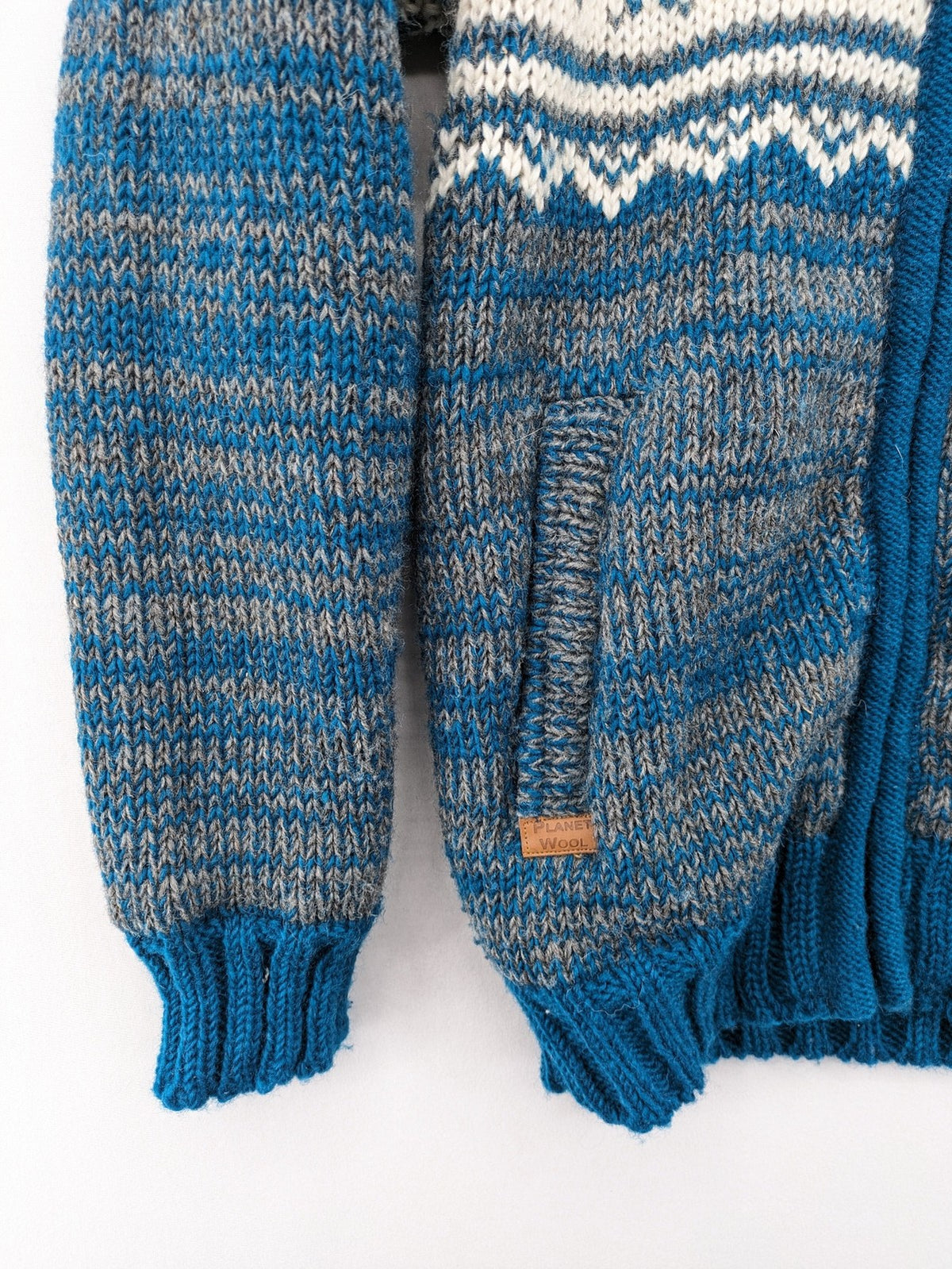 guru turtle neck jumper blue grey white fair isle pattern fleece lined zip design