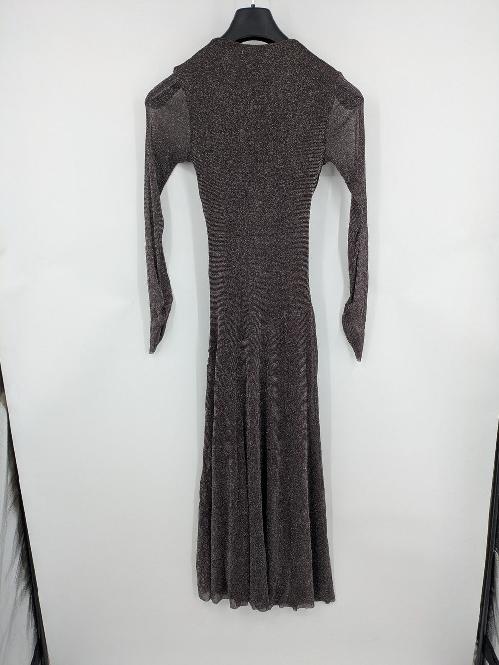 Abendkleid grey A-line dress metallic shimmer draped waist long sheer sleeves