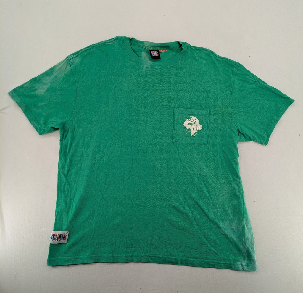 Myla green graphic t-shirt with large peace earth print and front pocket design.