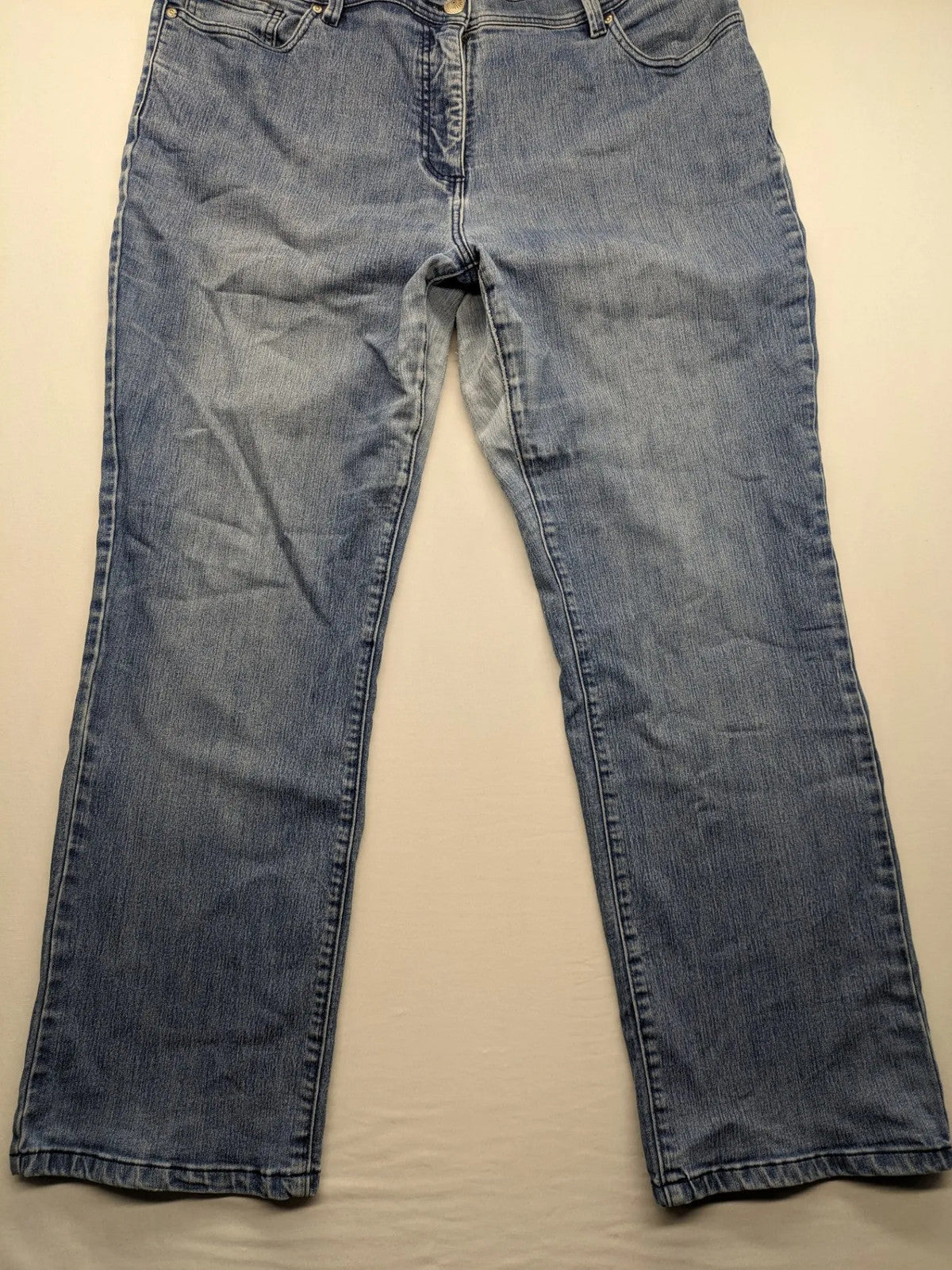 Angels blue straight jeans with five-pocket design and vertical front seams.