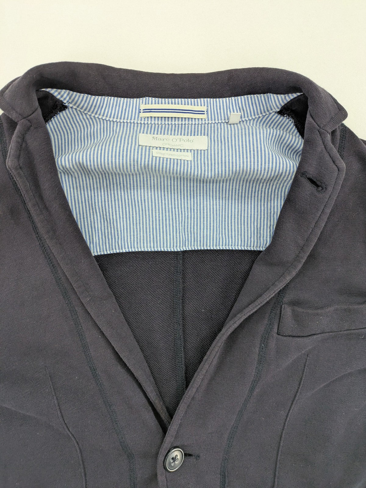 Marc O'Polo grey sweatblazer jacket, structured organic cotton, elbow patches, striped inner lining.