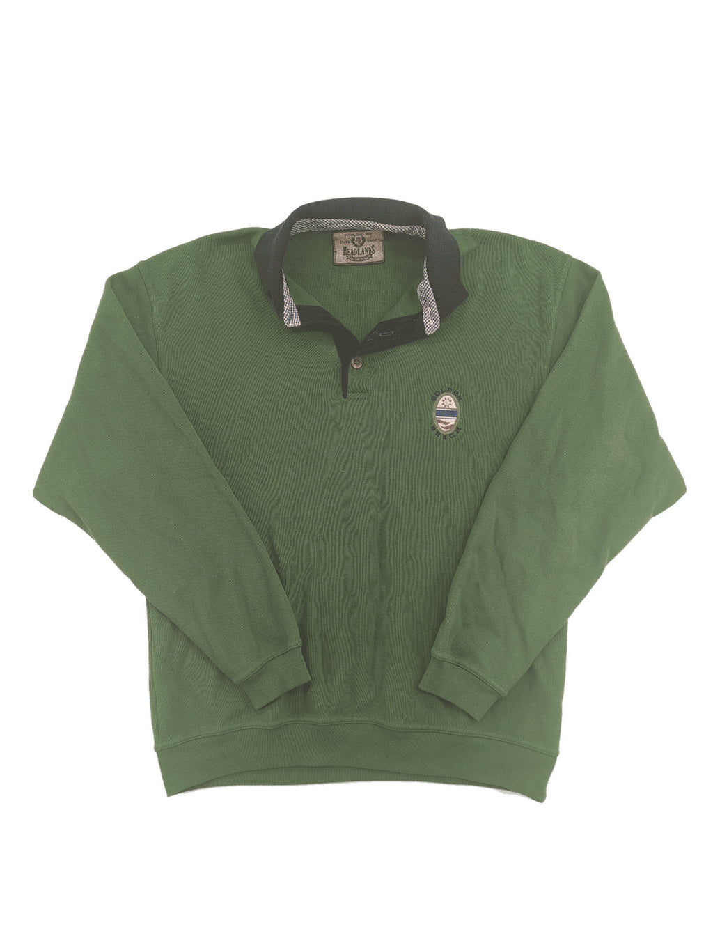Headlands green turtle neck jumper with gingham collar and "Golden Beach" embroidery.