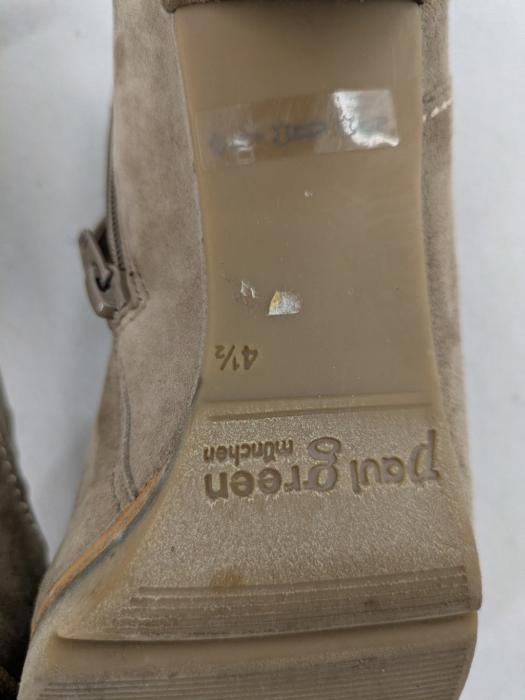 Paul Green taupe suede ankle boots with gathered front, peep toe, and block heel.