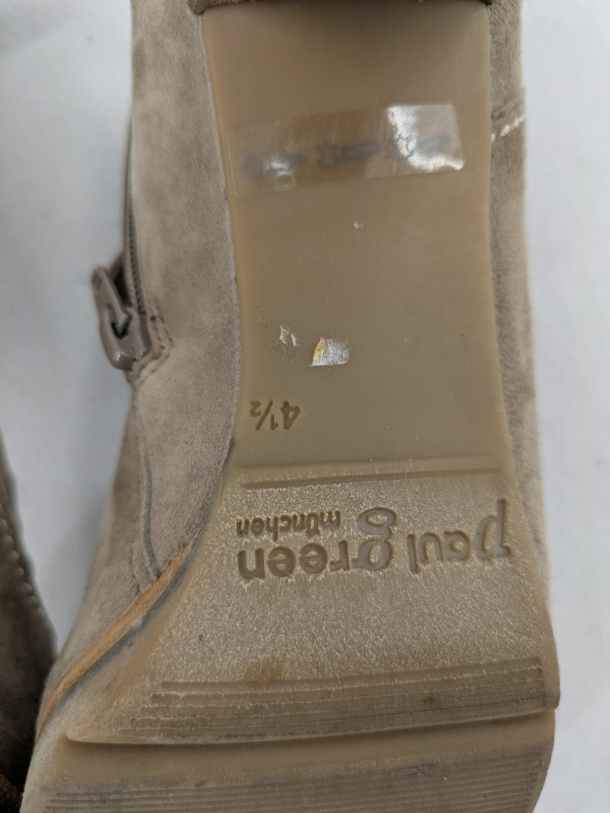 Paul Green taupe suede ankle boots with gathered front, peep toe, and block heel.