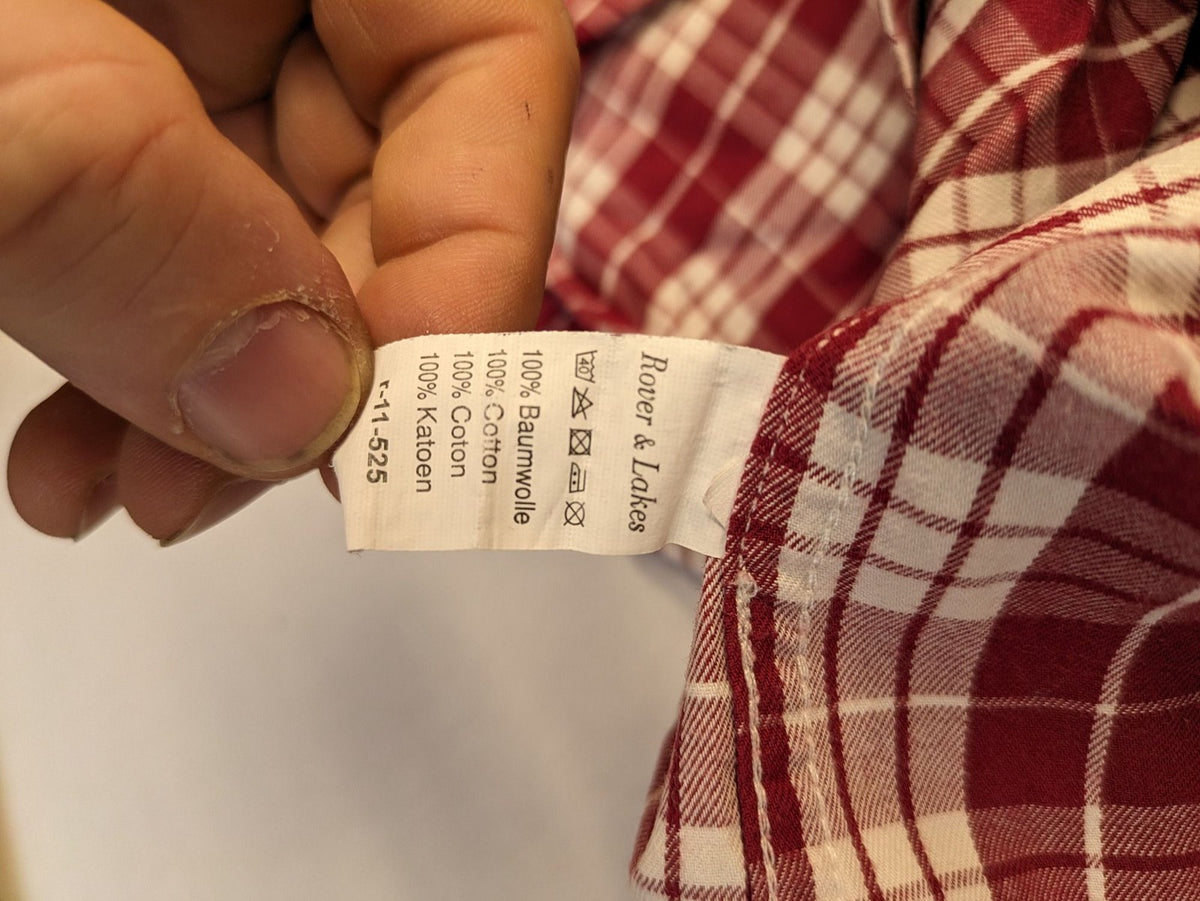 Rover & Lakes red checkered long sleeve shirt, button-down collar, 100% cotton twill.