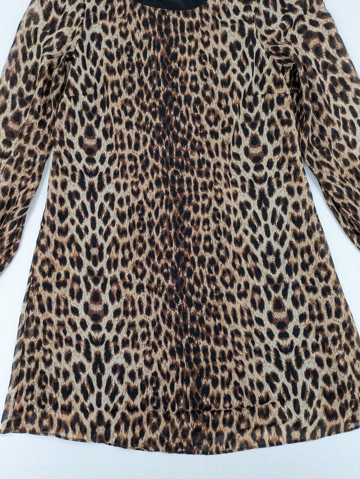 Atmosphere beige leopard print dress with sheer chiffon sleeves and buttoned cuffs.