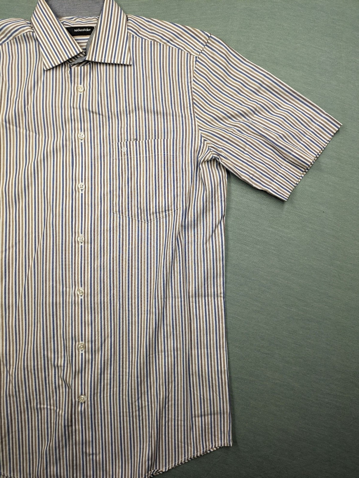 Seidensticker beige button-up shirt vertical striped pattern blue and brown, cotton material.