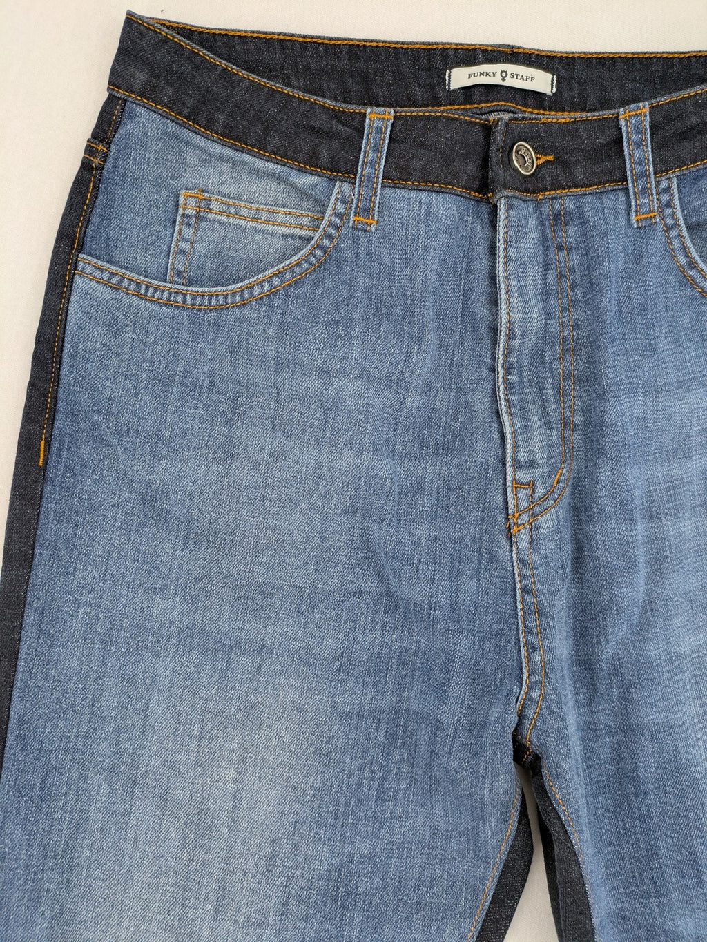 Funky Staff two-tone straight jeans black and blue, colorblock design, embroidered logo on back pocket.
