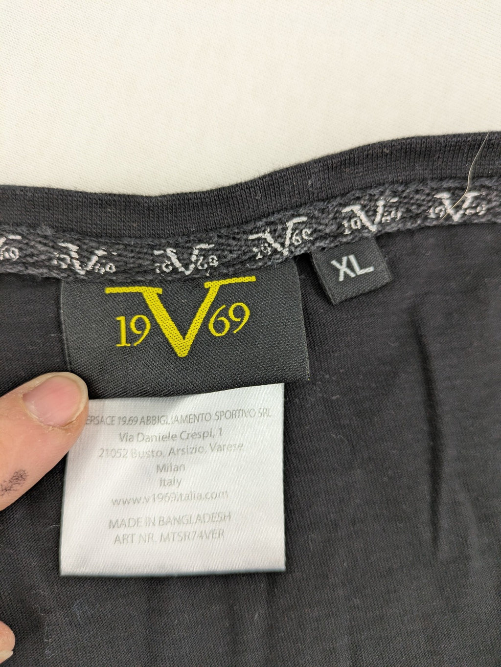 Versace 19.69 black short sleeve t-shirt with graphic logo print and V-neck design.