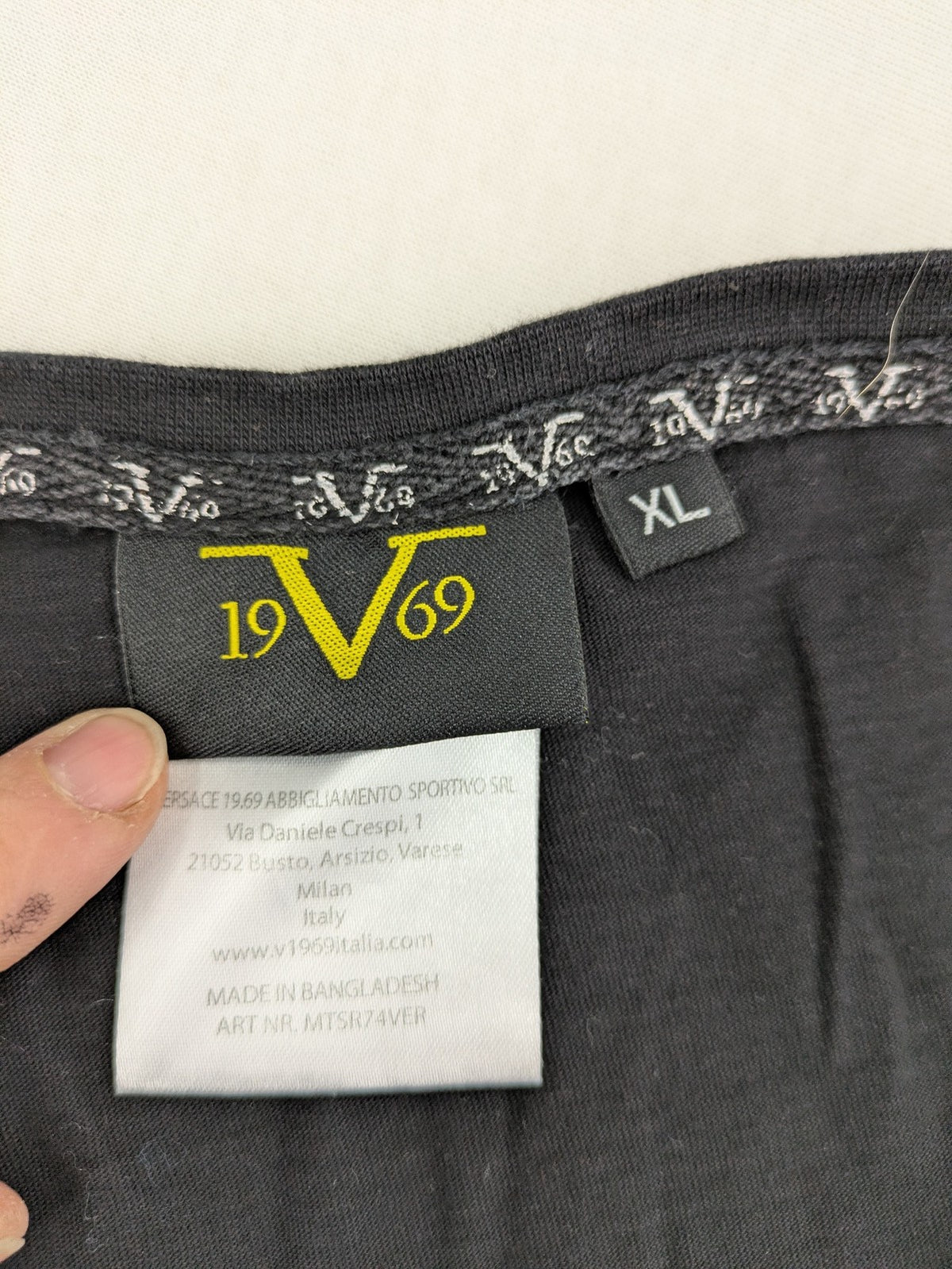 Versace 19.69 black short sleeve t-shirt with graphic logo print and V-neck design.