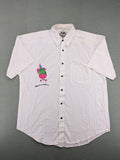 Southwest Castle vintage short-sleeve shirt white with colorful cartoon embroidery and German text.
