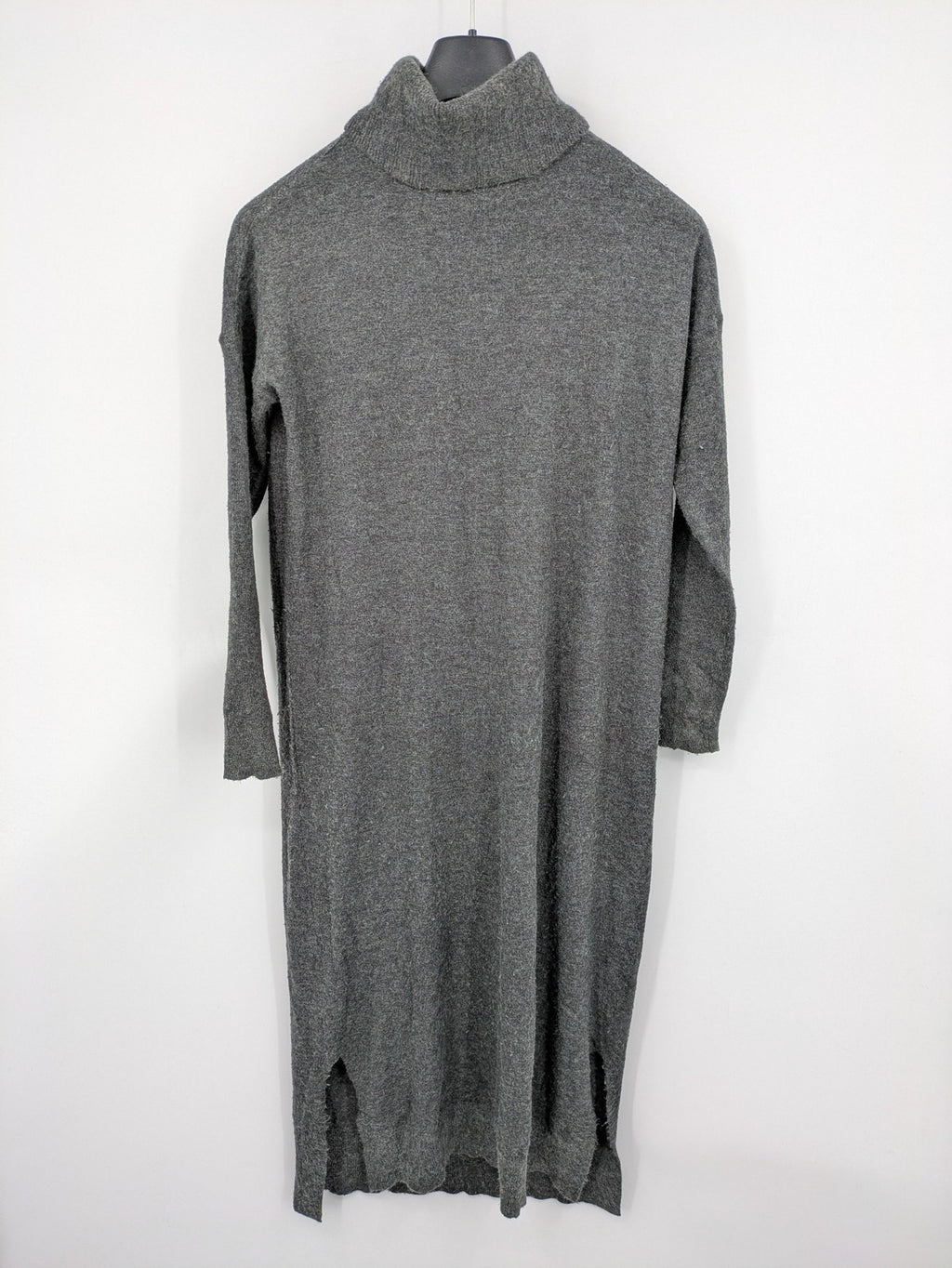 ONLY grey knitted midi dress with roll neck, long sleeves, and side slits.