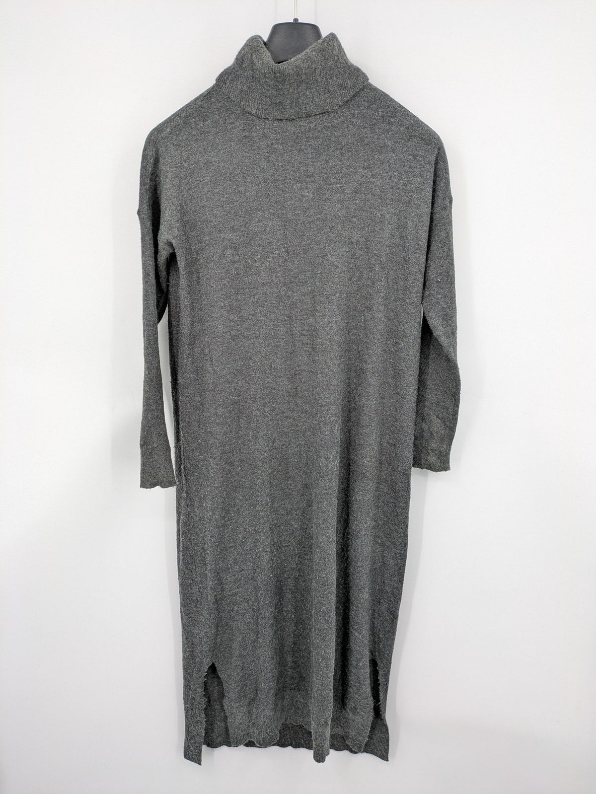 ONLY grey knitted midi dress with roll neck, long sleeves, and side slits.