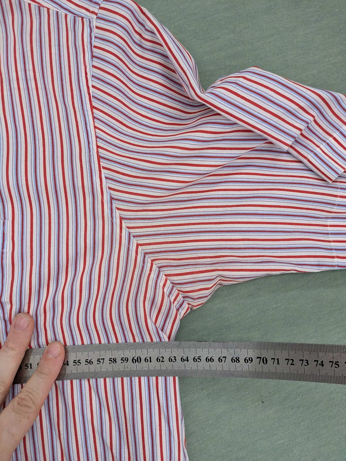 Ken Baker pink short sleeve shirt multicolored striped pattern with chest pocket and classic collar.