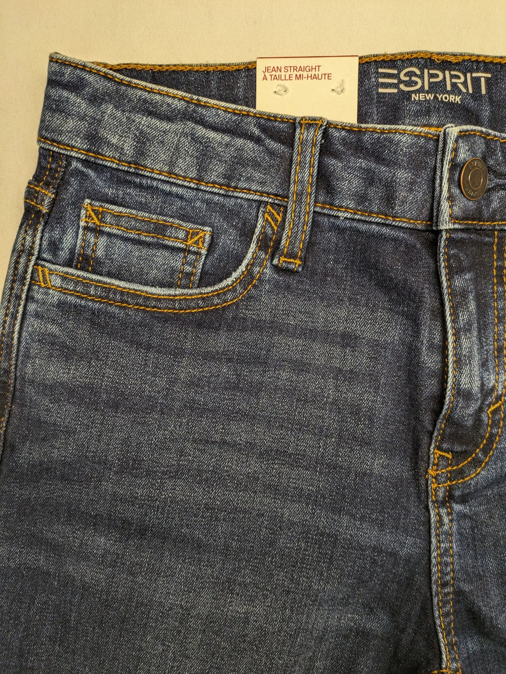 Esprit blue straight leg jeans mid rise 5-pocket design with zipper, dark wash.