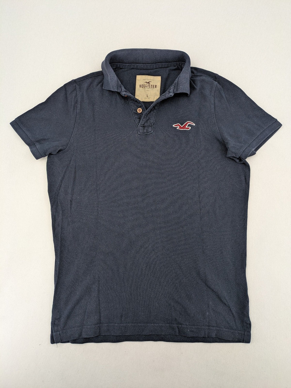 Hollister navy polo shirt with embroidered seagull logo and classic collar.