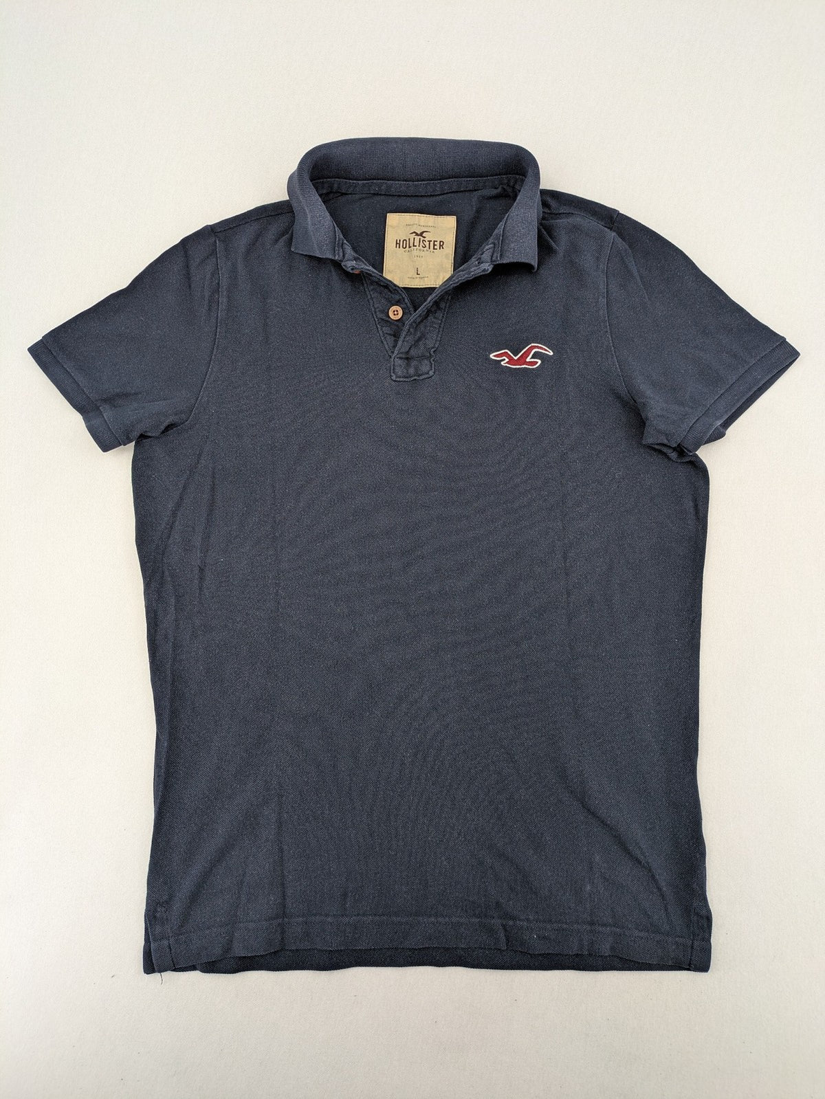 Hollister navy polo shirt with embroidered seagull logo and classic collar.