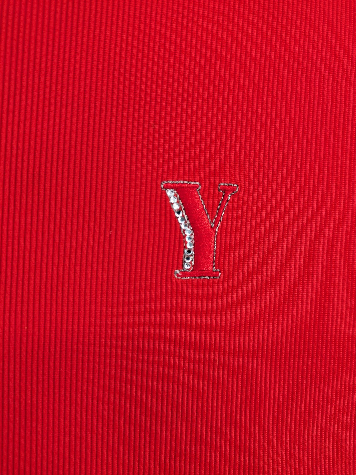 Hajo red t-shirt with ribbed texture and rhinestone Y-logo on chest.