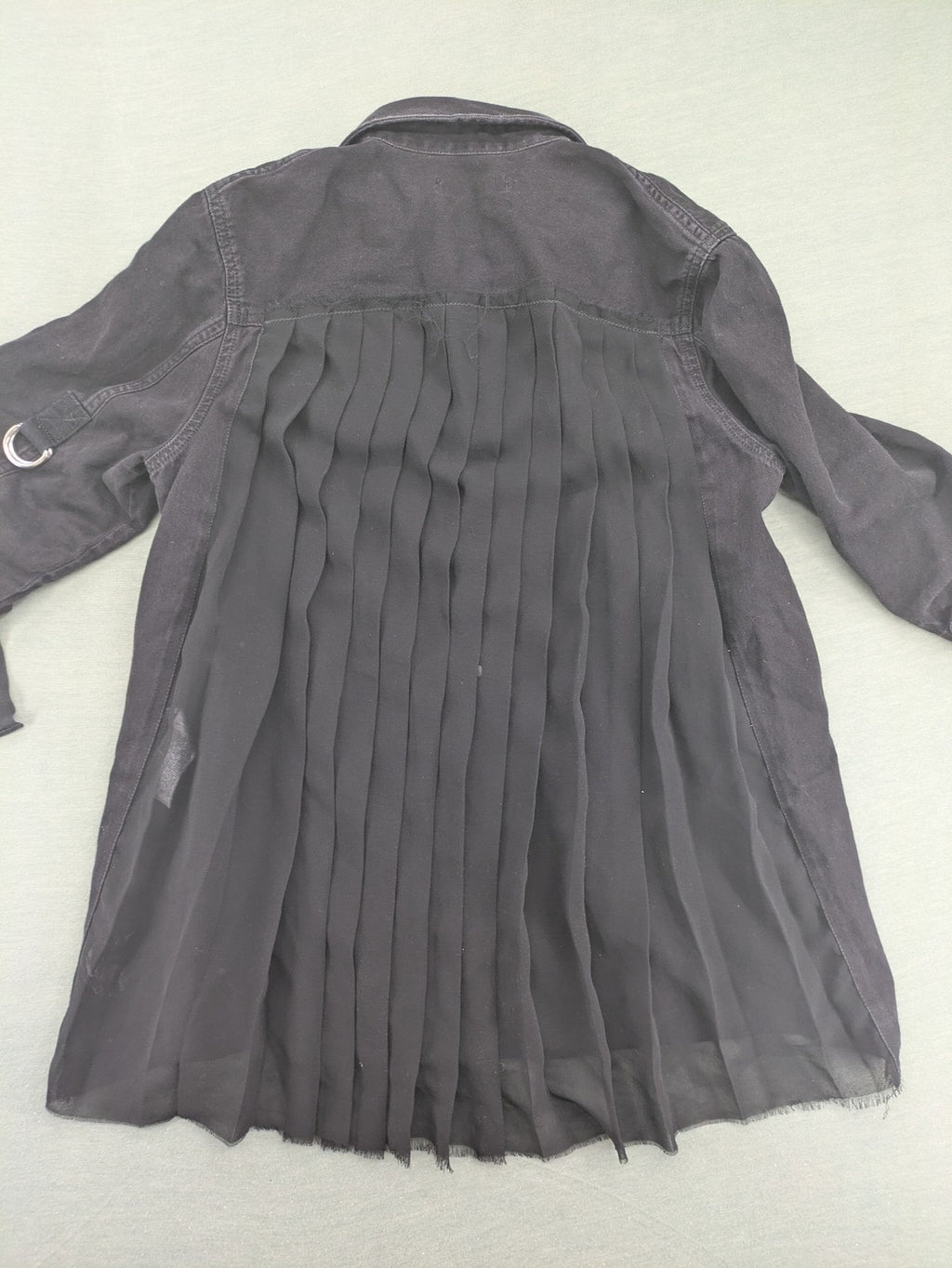 Diesel grey tunic top with denim front, pleated chiffon back, and D-ring detail.