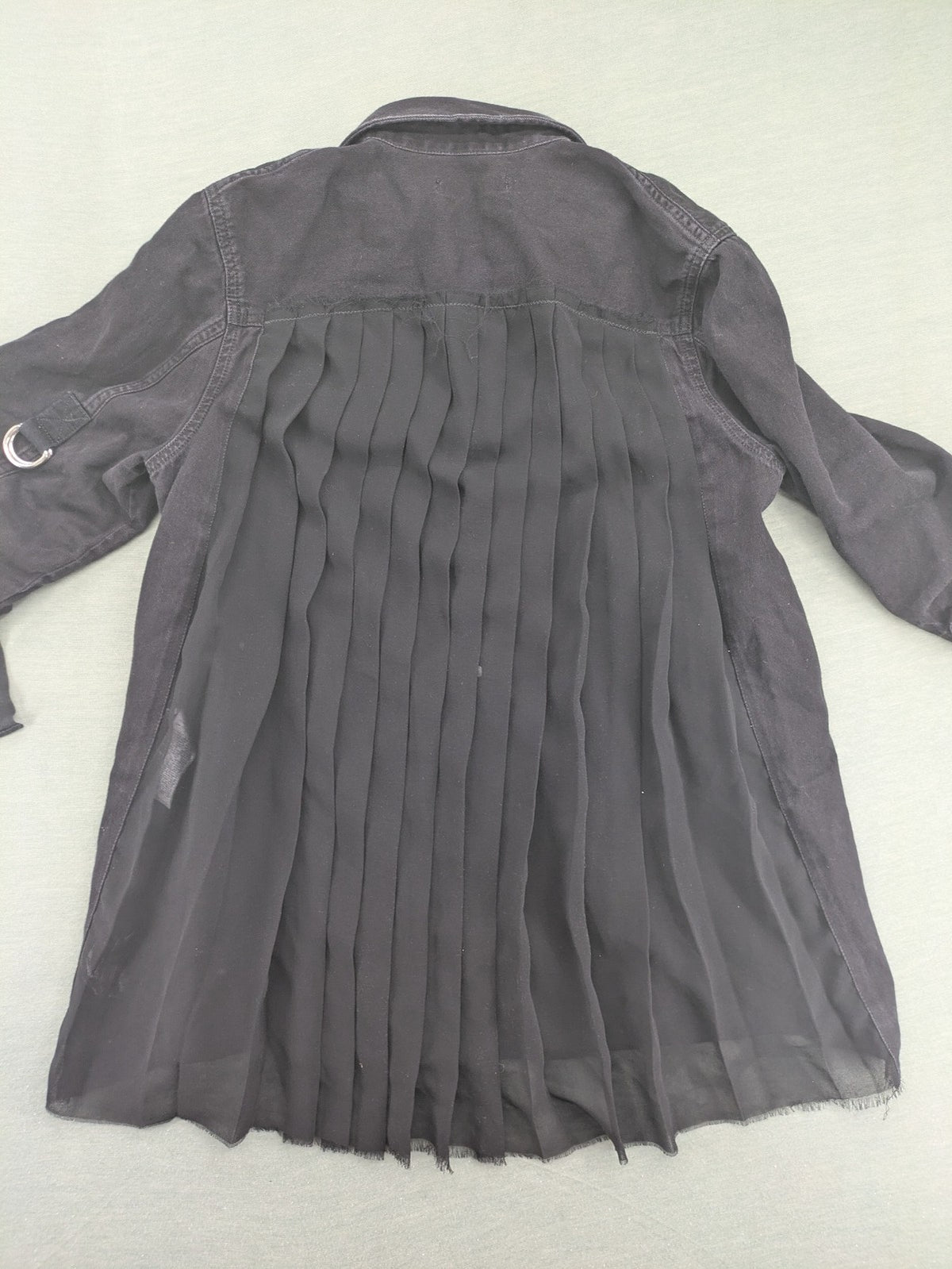 Diesel grey tunic top with denim front, pleated chiffon back, and D-ring detail.