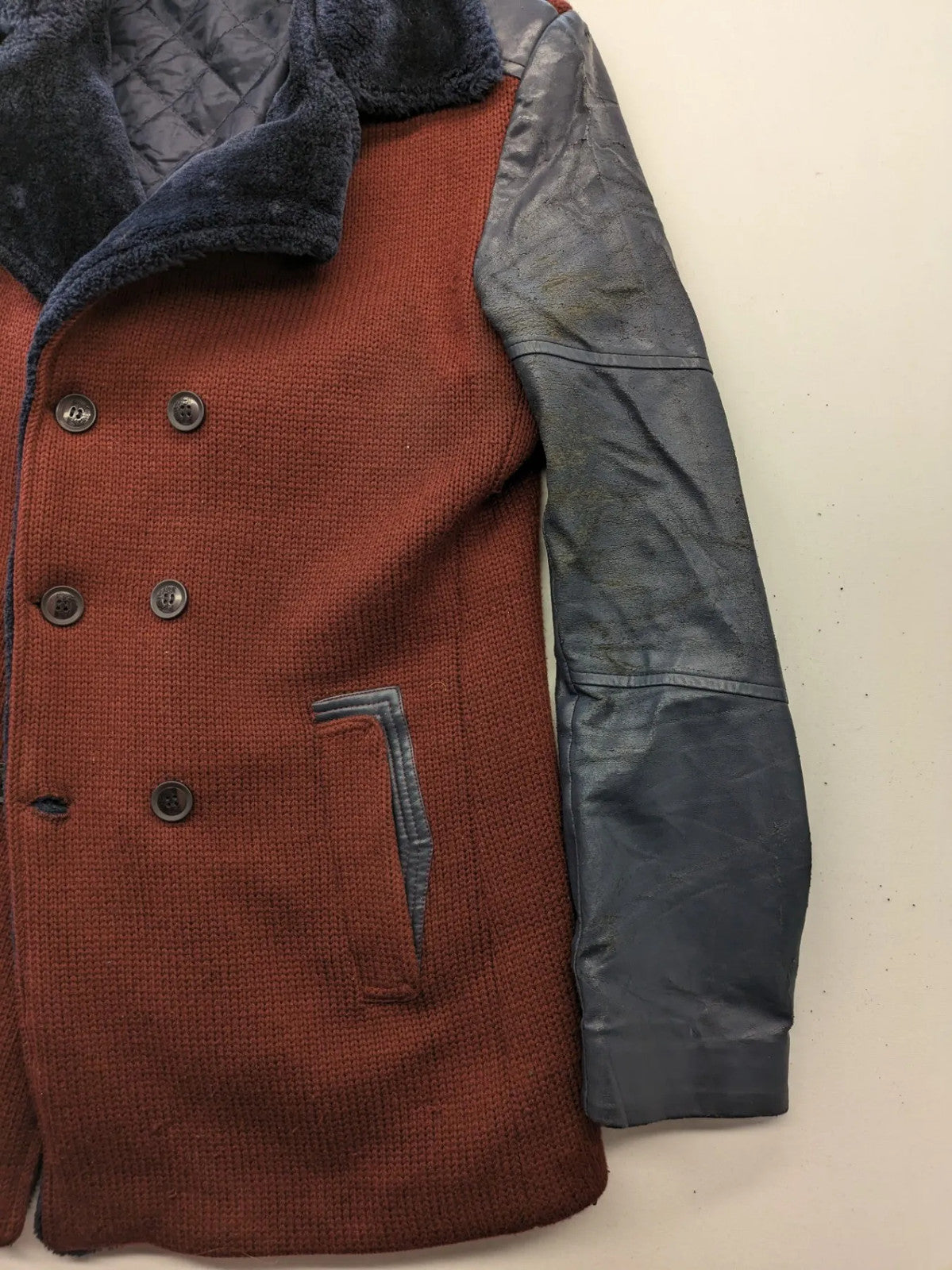 MCR peacoat burgundy grey navy wool blend with leather sleeves and Sherpa collar.