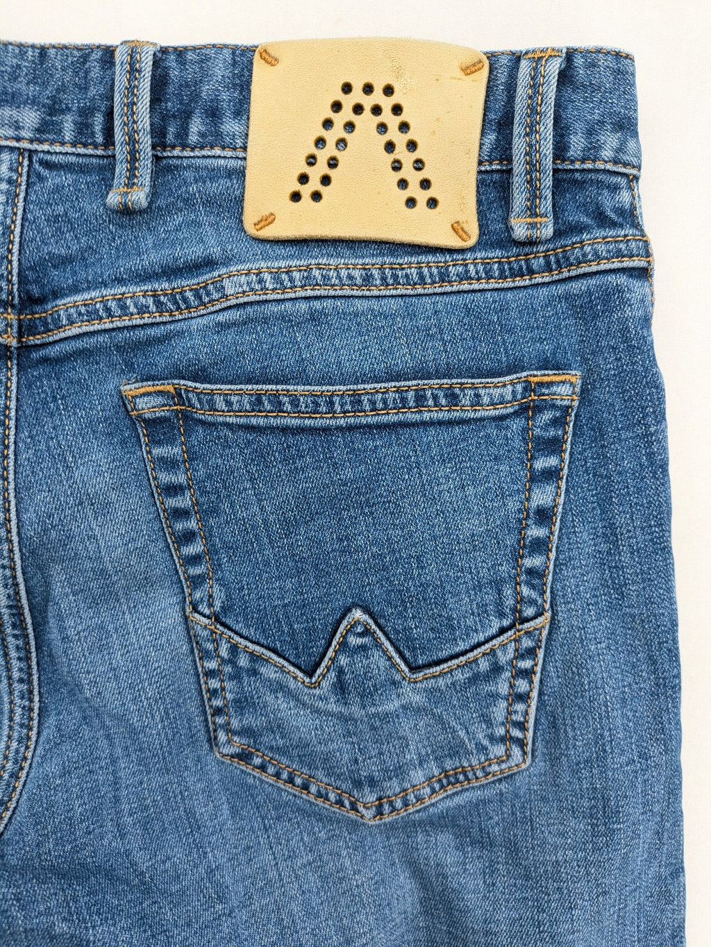 ALBERTO blue straight jeans with orange stitching, vintage denim, regular slim fit.