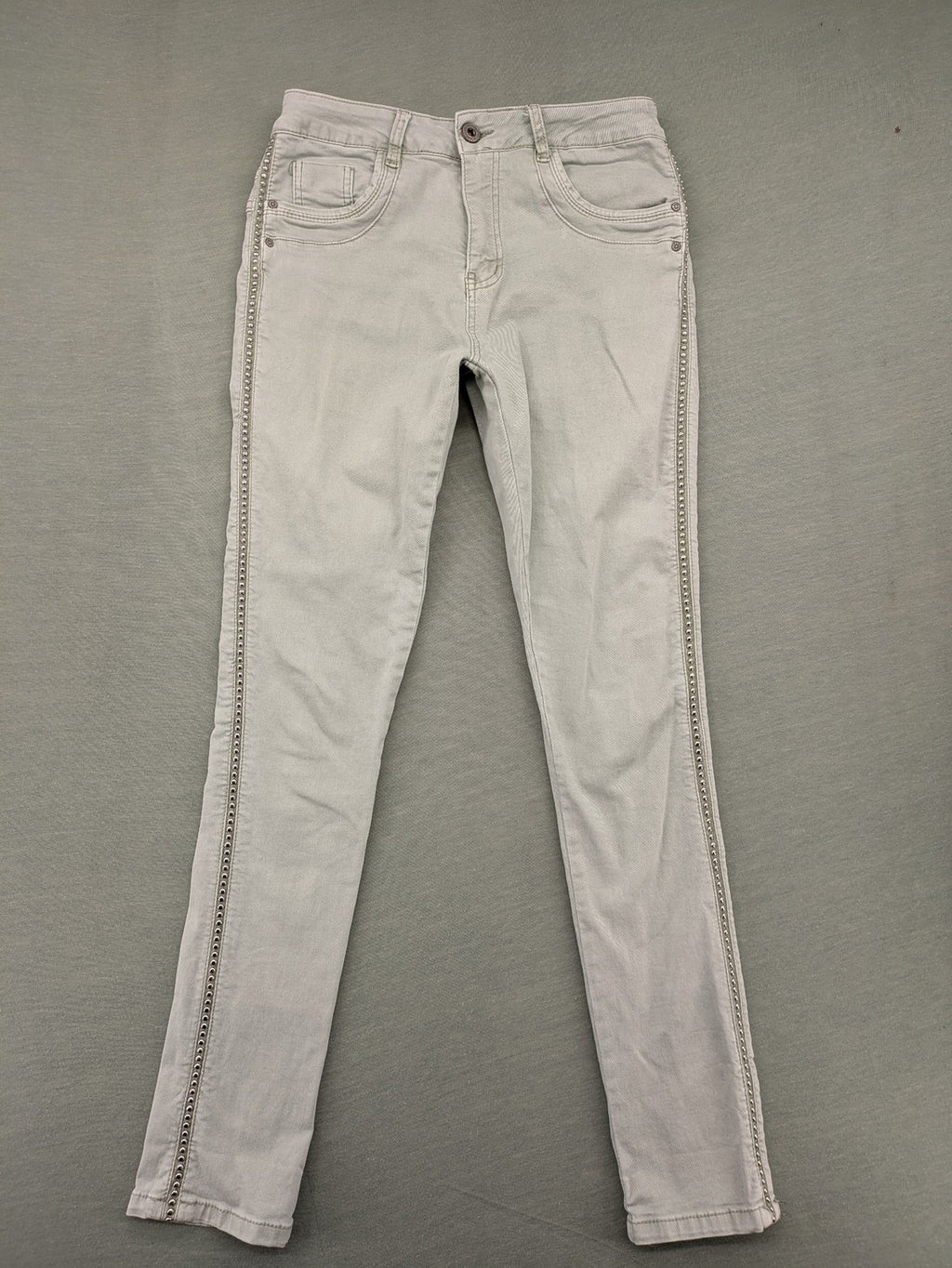 Jewelly grey straight jeans slim fit with silver decorative studs along side seams.
