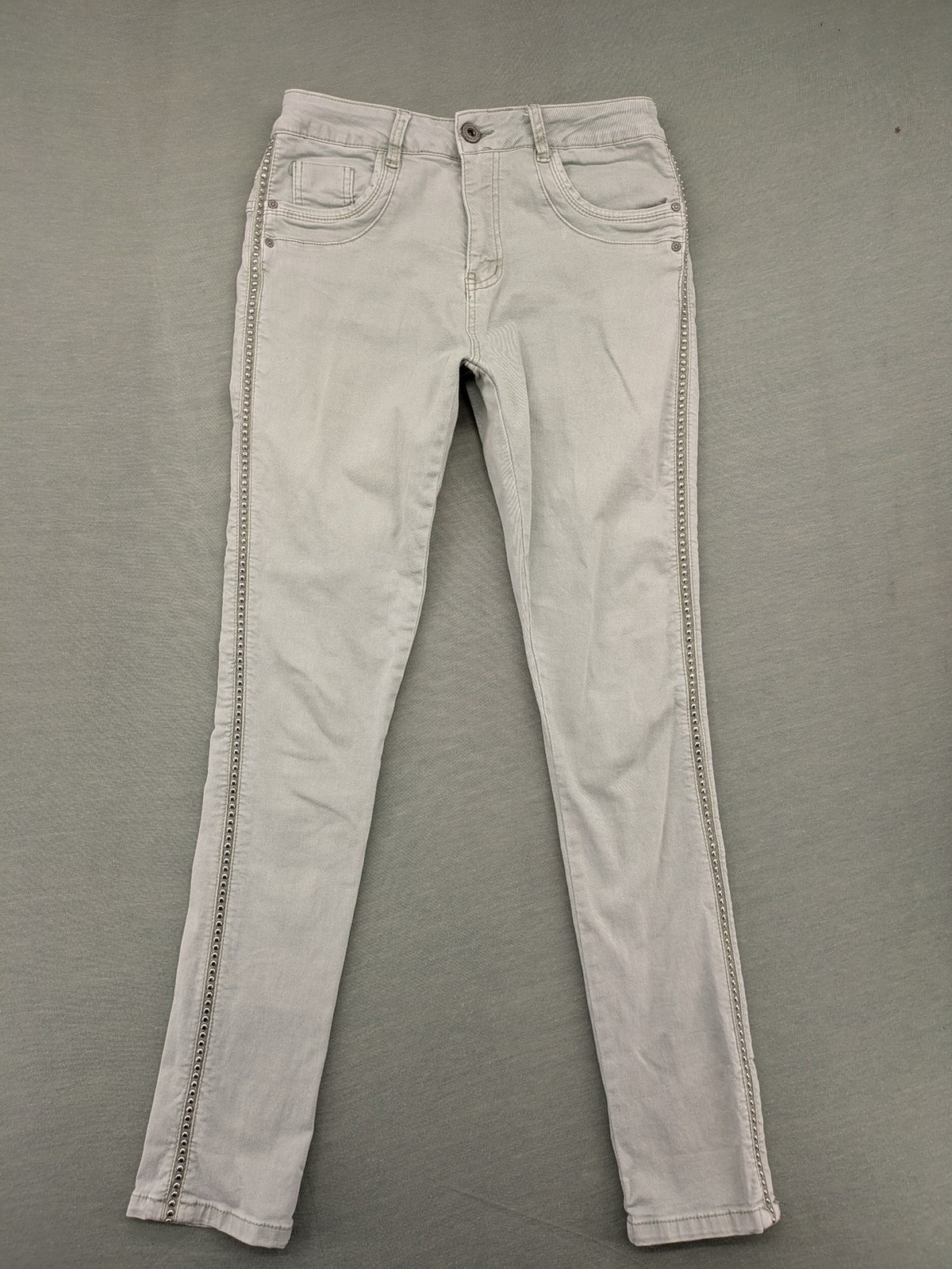 Jewelly grey straight jeans slim fit with silver decorative studs along side seams.