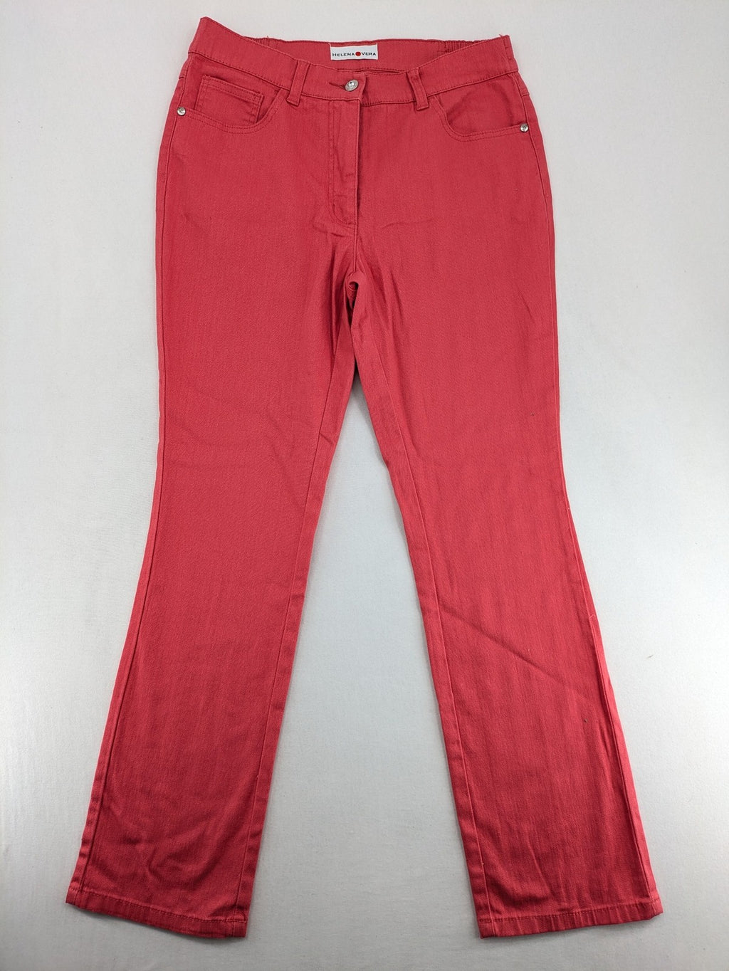 Helena Vera red straight jeans with elastic waistband and rhinestone details on pockets.