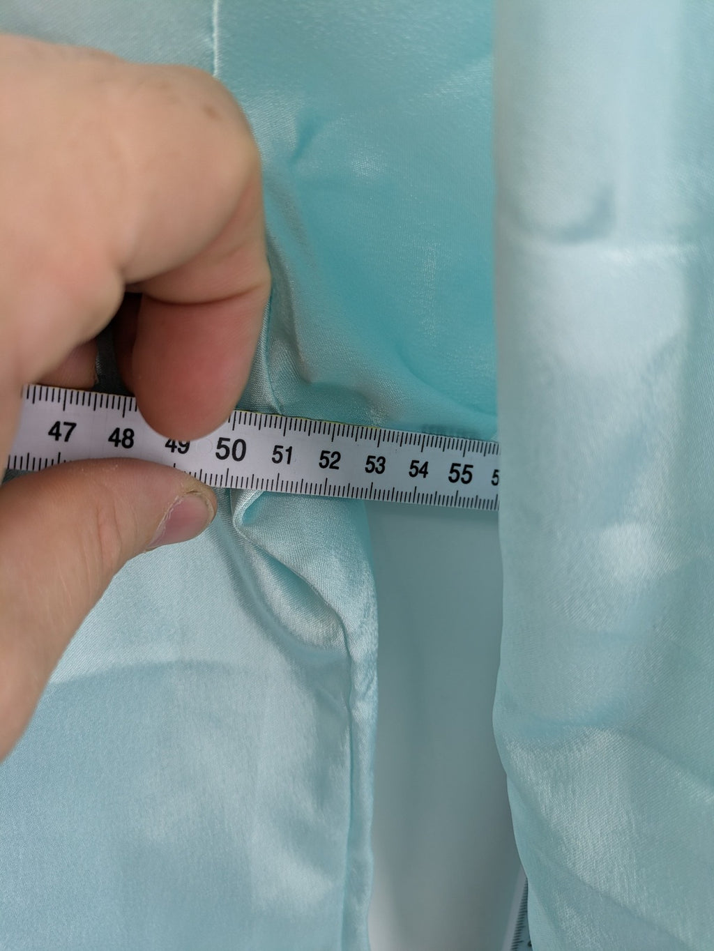 Linea blue vintage nightgown satin fabric with embroidered floral lace collar and ruffles.