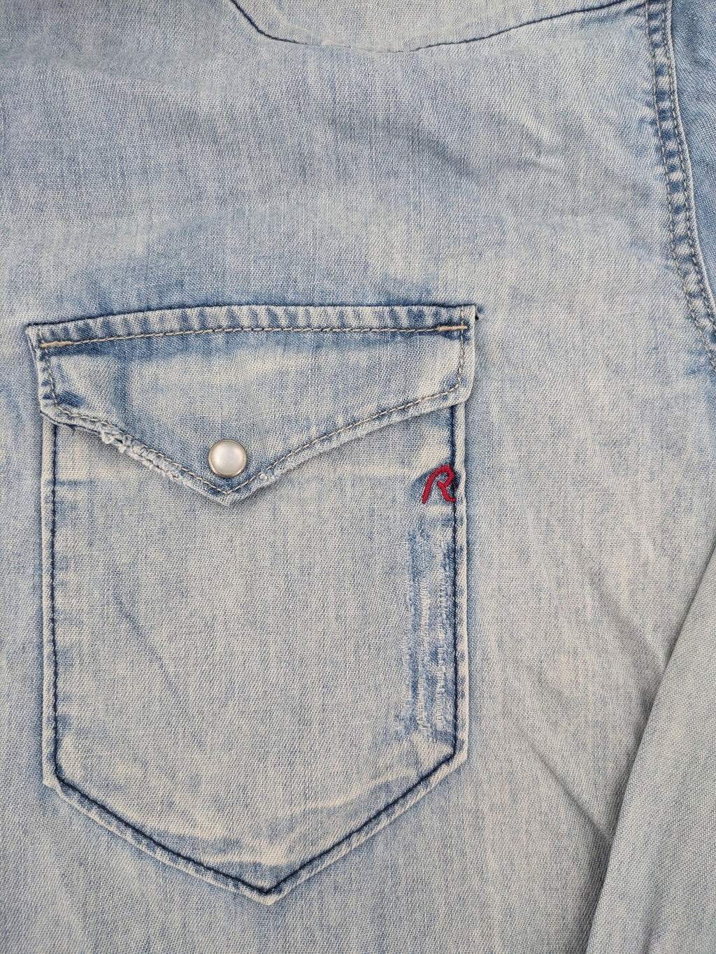 Replay denim western shirt light blue with pearl snap buttons and iconic yoke design.