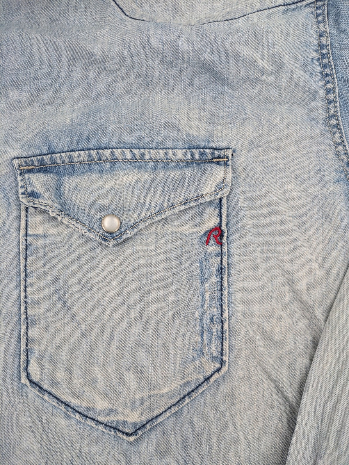 Replay denim western shirt light blue with pearl snap buttons and iconic yoke design.
