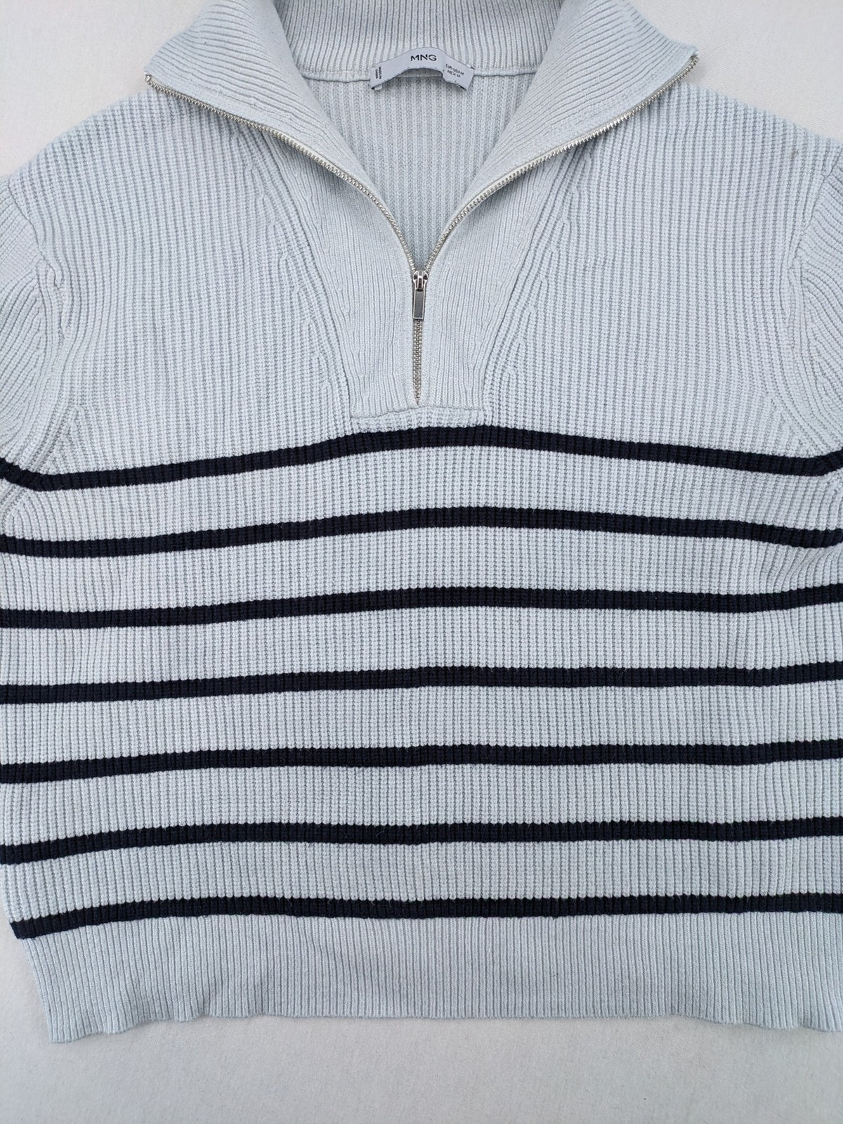 MNG blue striped turtle neck jumper with quarter zip and ribbed texture.