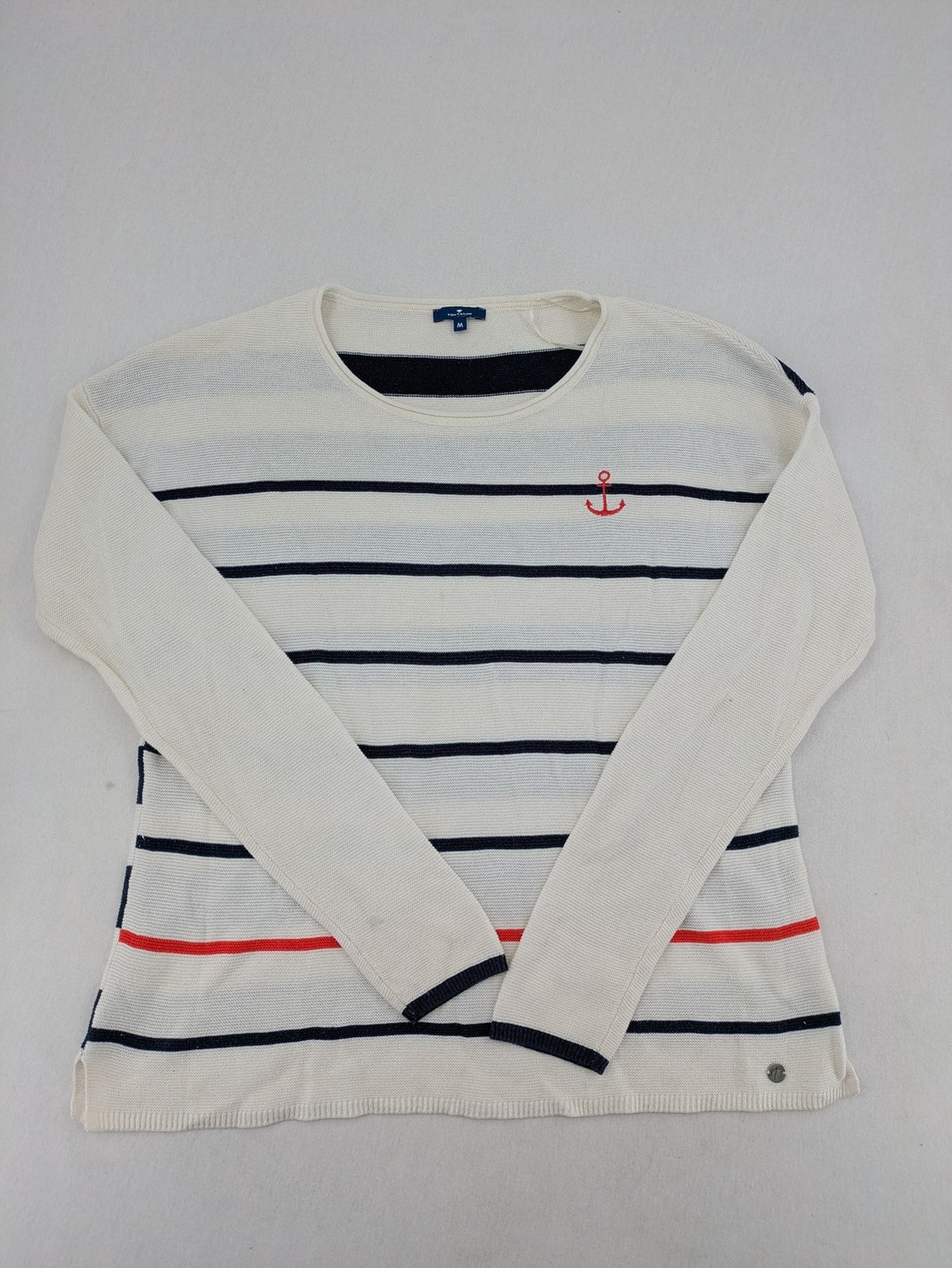 Tom Tailor cream turtle neck jumper with navy stripes and red accent, featuring anchor embroidery.
