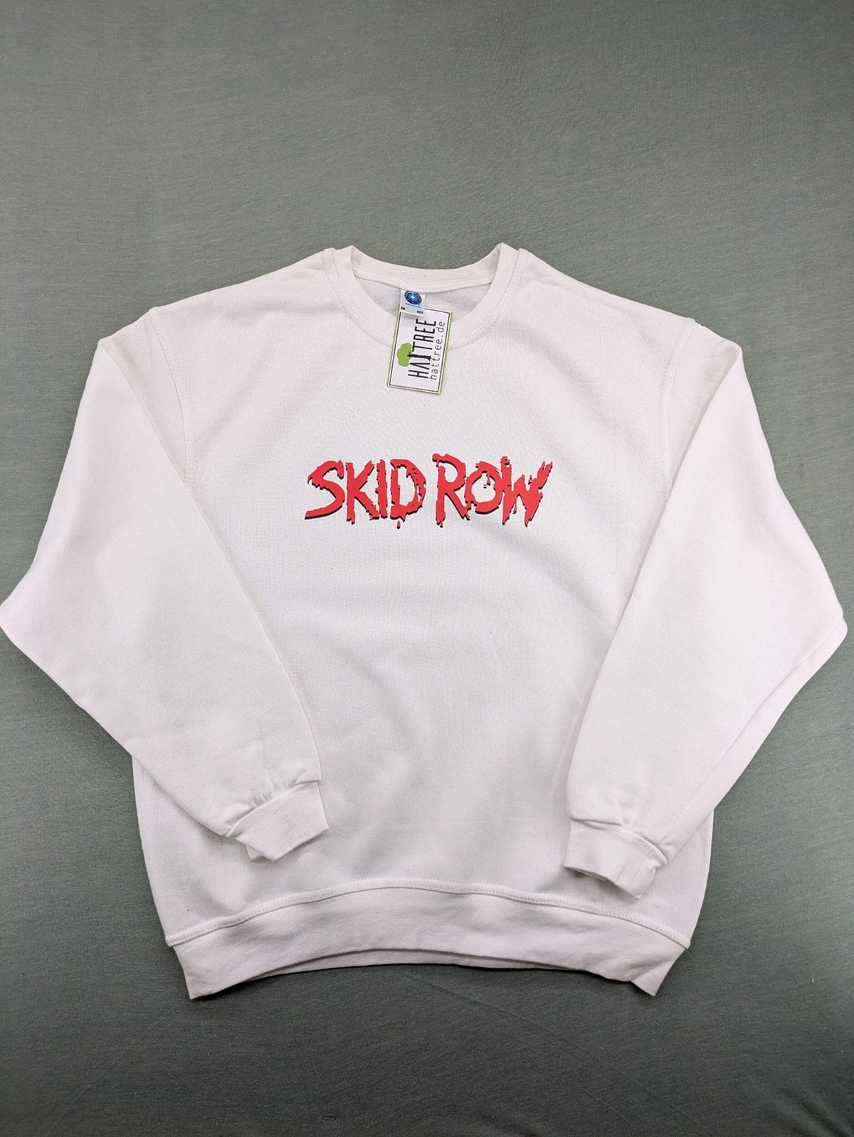 Skid Row white sweatshirt with red dripping logo, cotton-polyester blend, crewneck style.