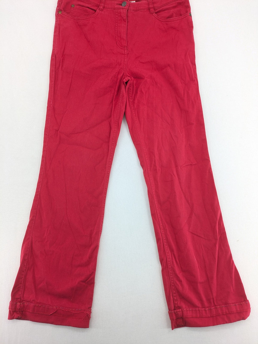 Jet Line red bootcut jeans with embroidered back pockets and pearl embellishments.