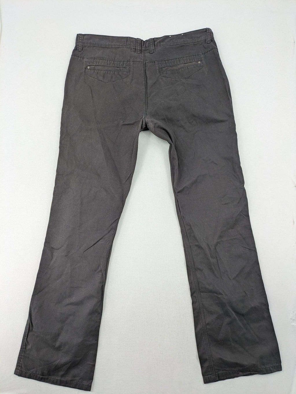 Denim & Co. grey chino pants cotton workwear with button fly and pocket rivets.