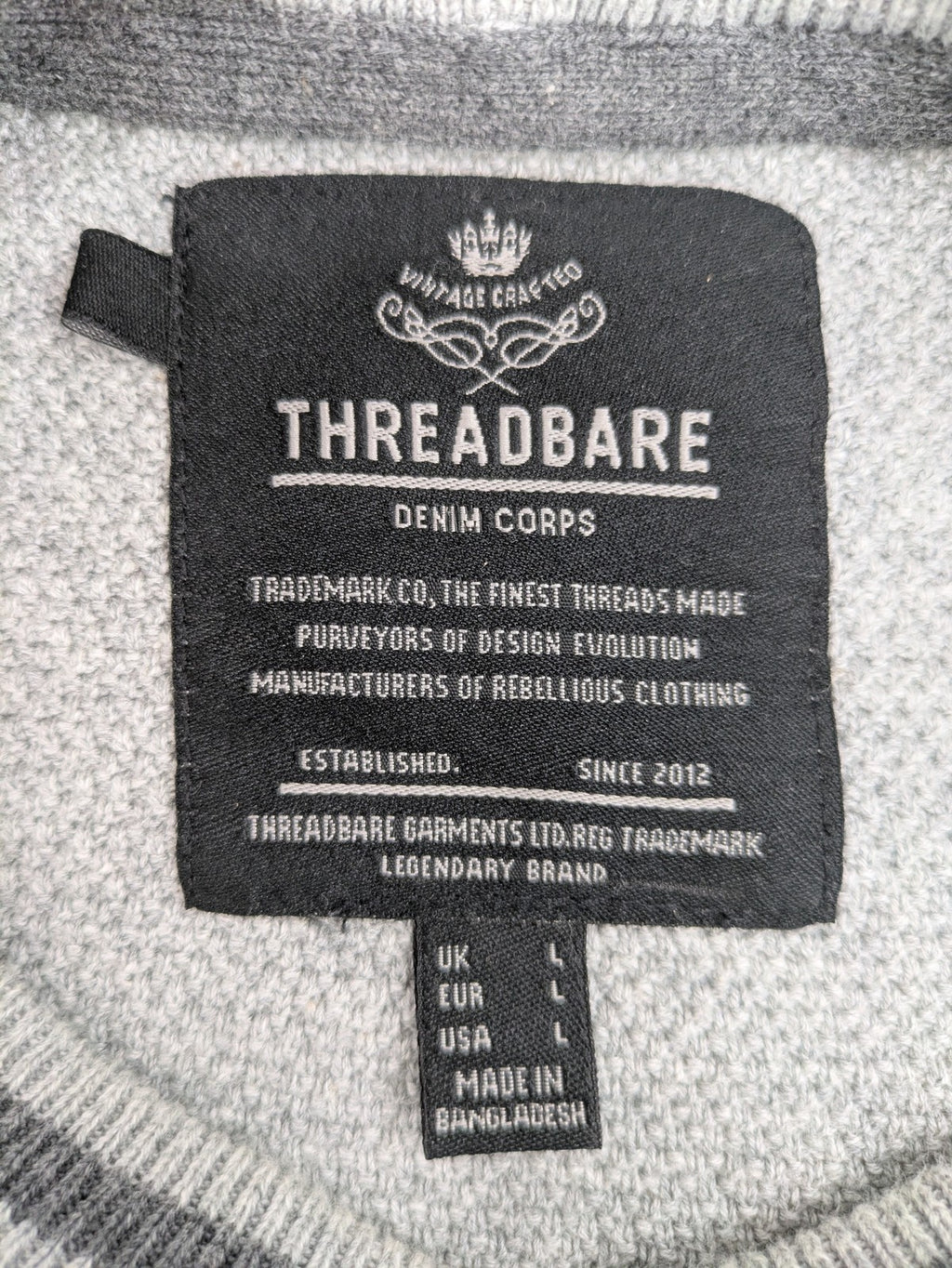 Threadbare grey turtle neck jumper with textured knit and dark grey collar trim.